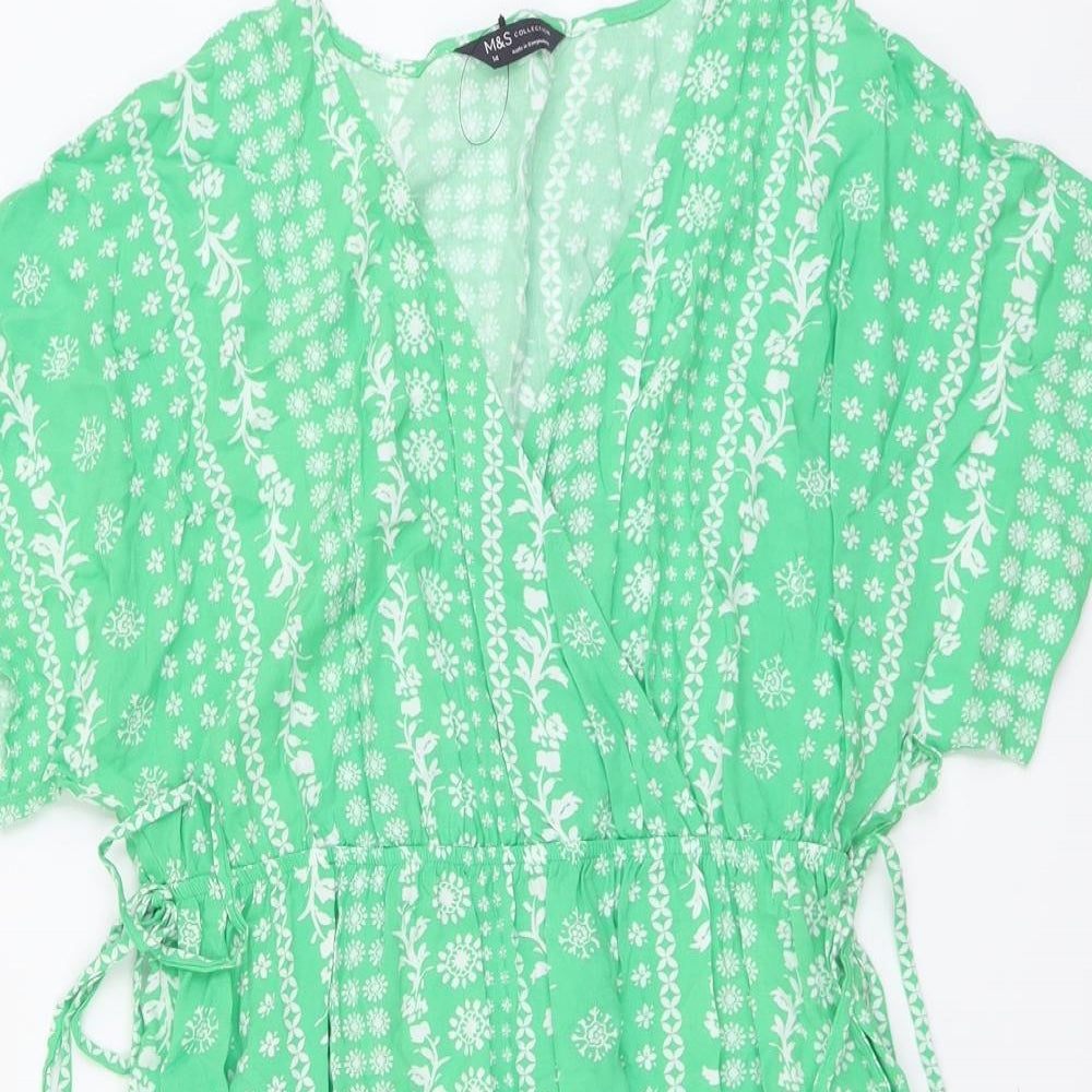 Marks and Spencer Womens Green Floral Viscose Fit & Flare Size 14 V-Neck Pullover