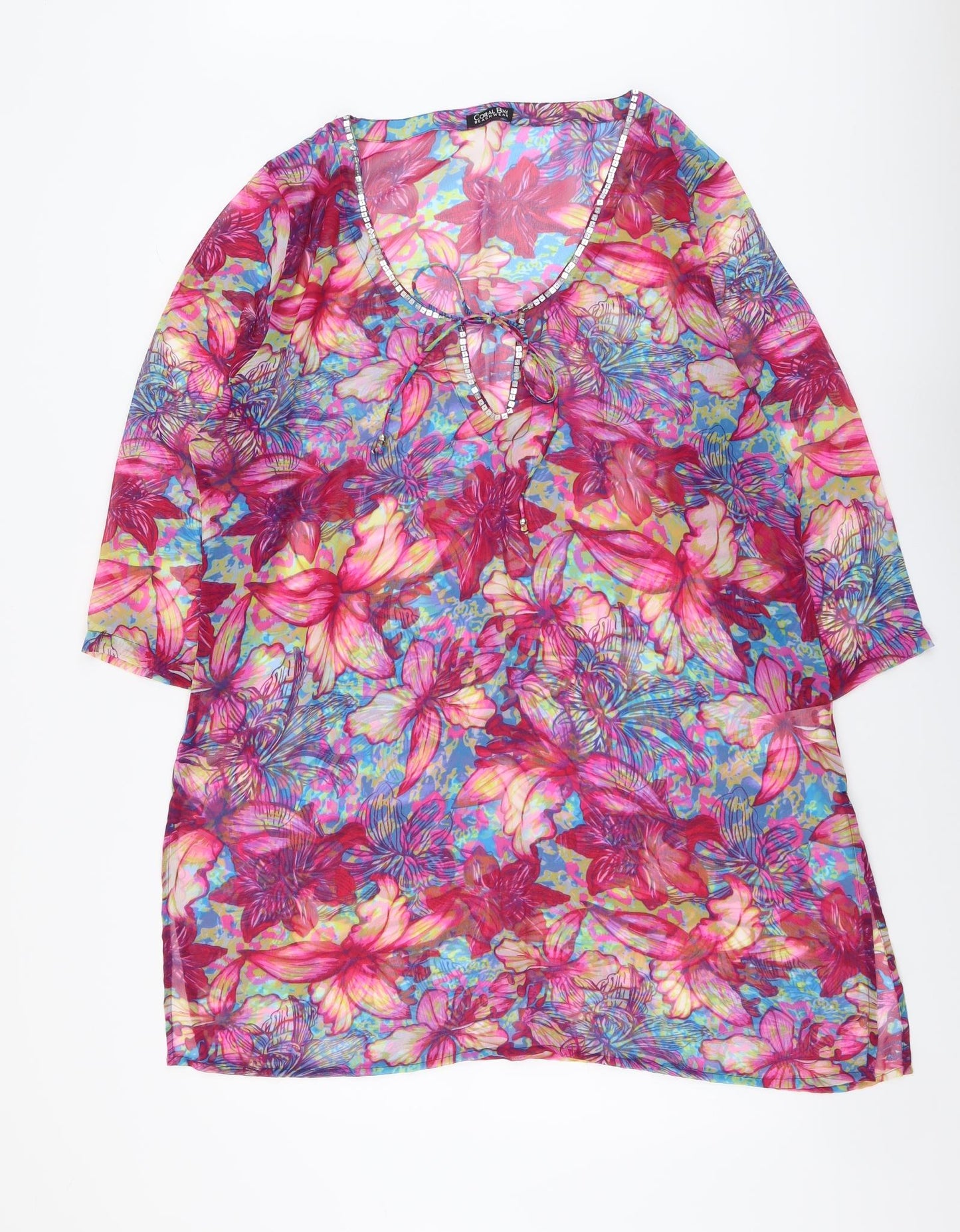 Coral Bay Womens Multicoloured Floral Polyester Cover Up Size L - Embellished Neckline