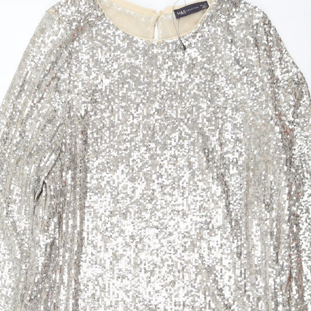 Marks and Spencer Womens Silver Polyester Basic Blouse Size 16 Round Neck
