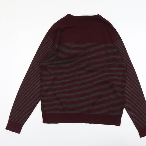 Cedar Wood State Mens Red Round Neck Striped Acrylic Pullover Jumper Size L Long Sleeve