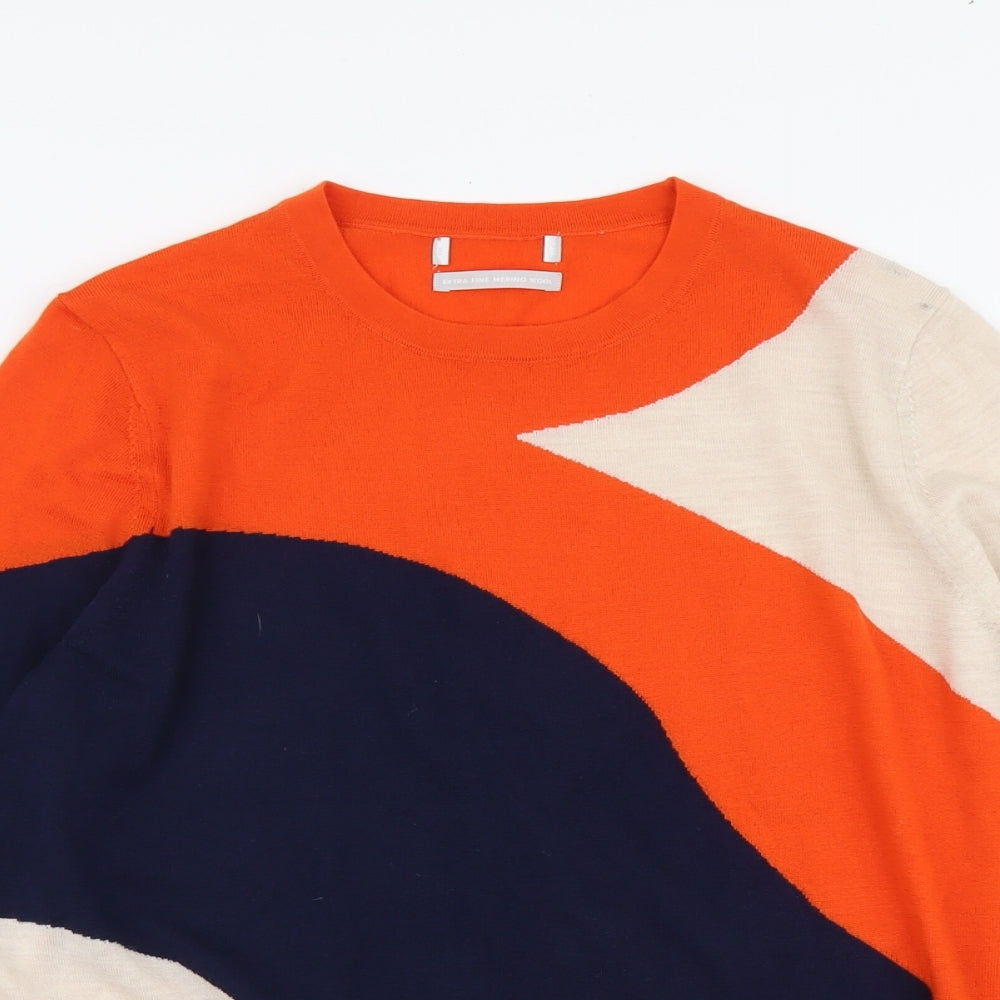 Marks and Spencer Womens Multicoloured Round Neck 100% Merino Wool Pullover Jumper Size 16 - Colourblock Pattern