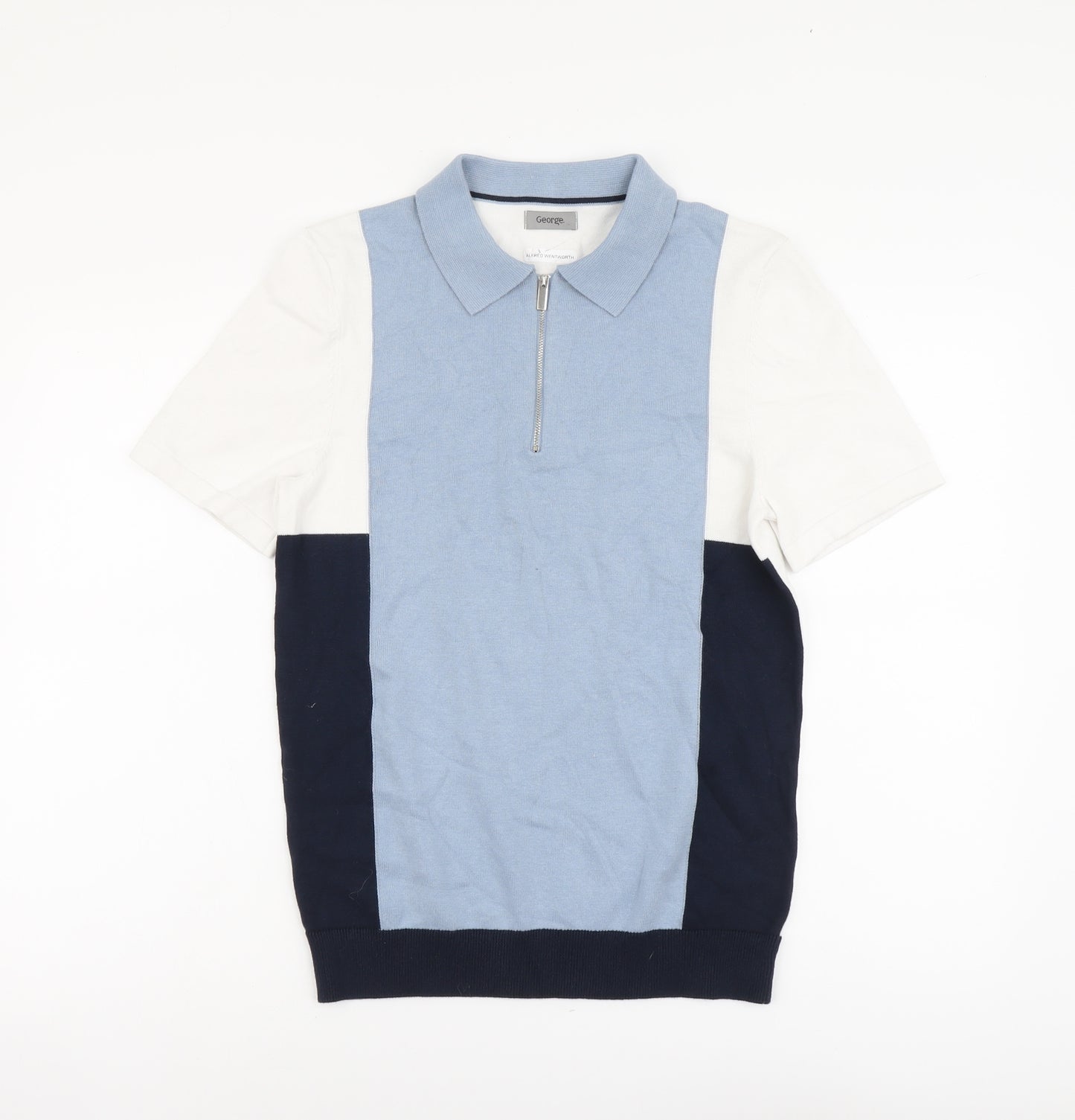 George Mens Blue Colourblock Cotton Polo Size S Collared Zip