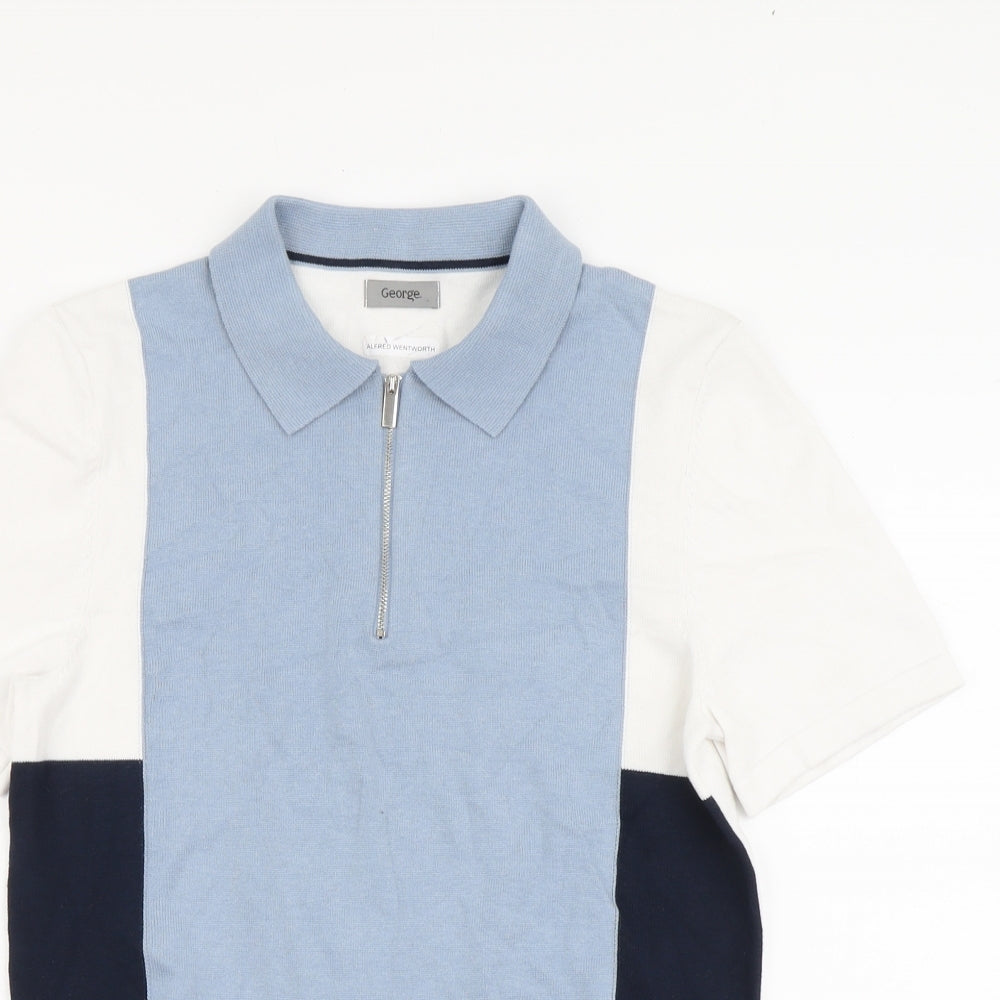 George Mens Blue Colourblock Cotton Polo Size S Collared Zip