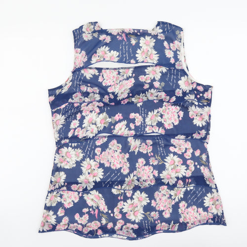 Touch Womens Blue Floral Cotton Basic Tank Size 16 Scoop Neck