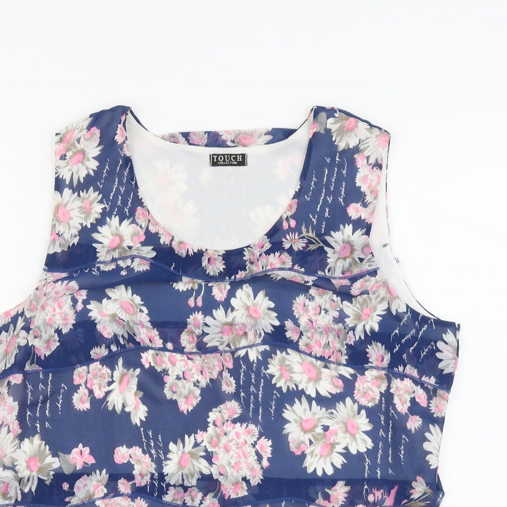 Touch Womens Blue Floral Cotton Basic Tank Size 16 Scoop Neck