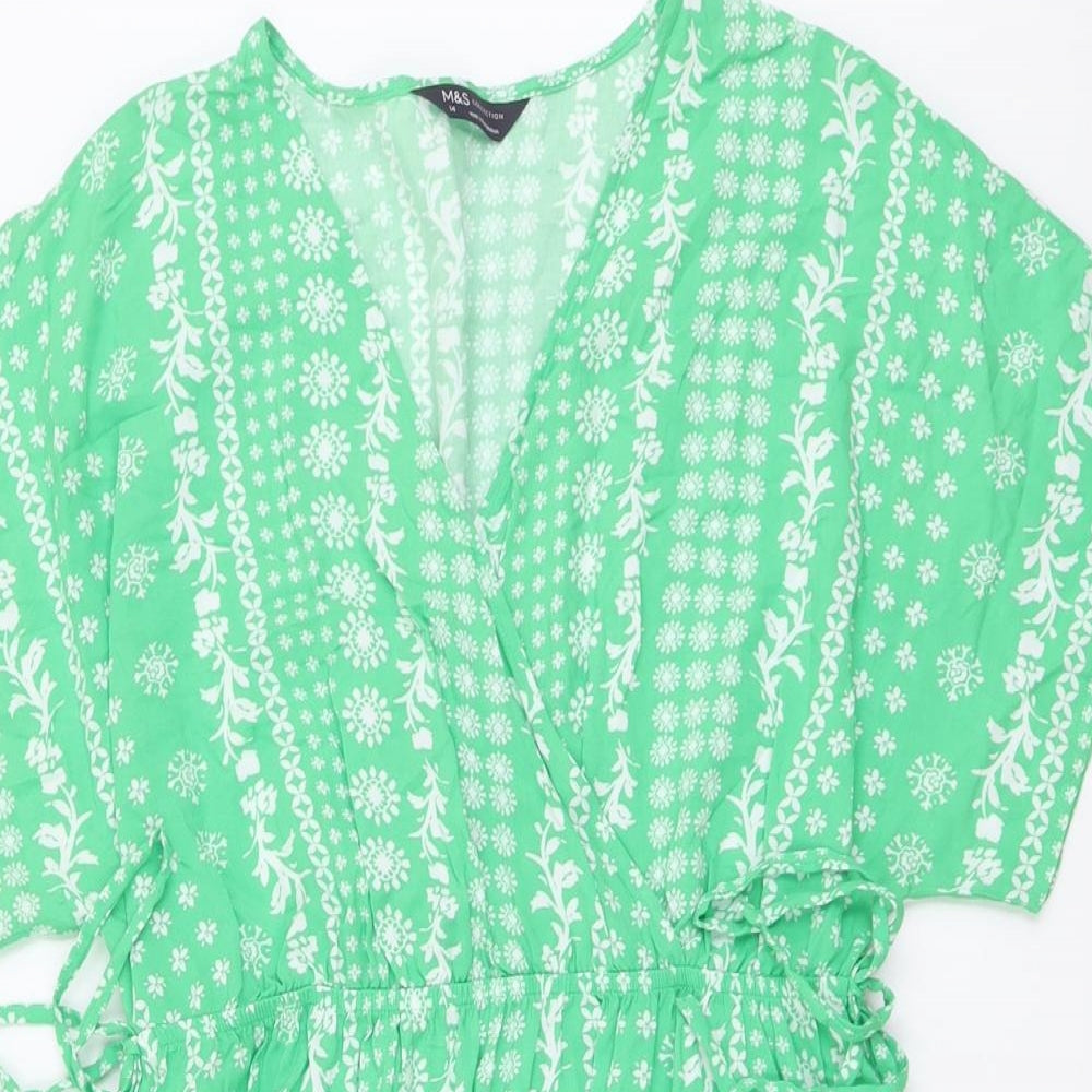 Marks and Spencer Womens Green Floral Viscose Fit & Flare Size 14 V-Neck Pullover