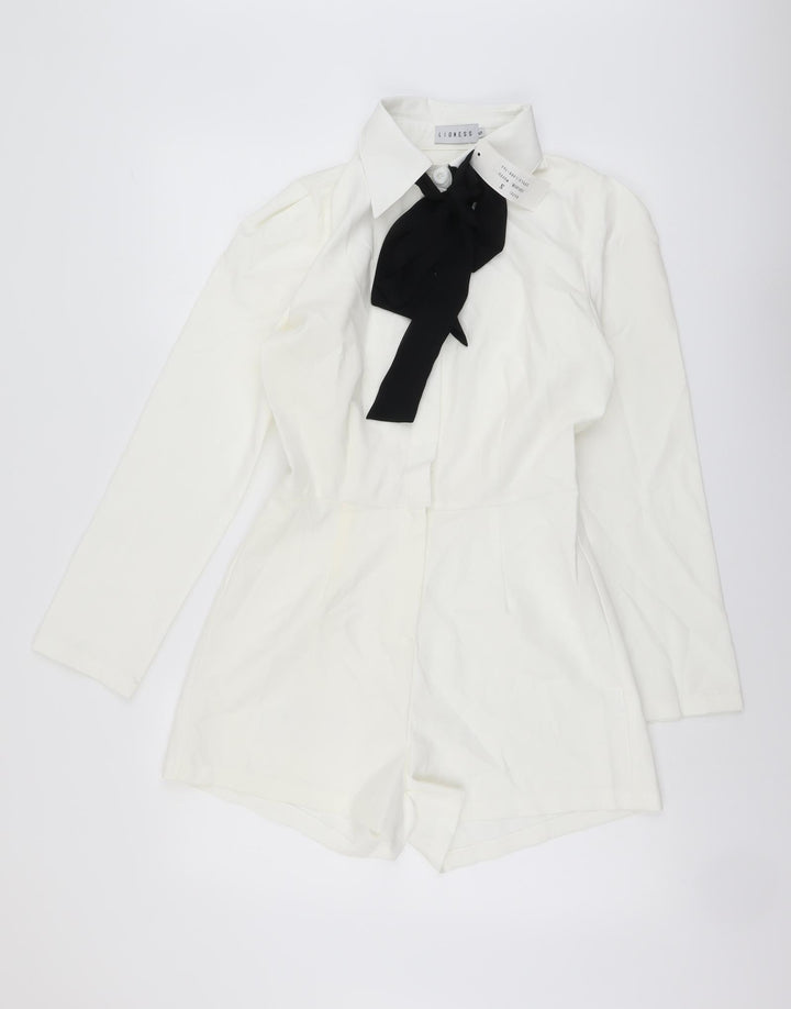 Lioness Womens Ivory Polyester Playsuit One-Piece Size S Button - Pussy Bow Neck