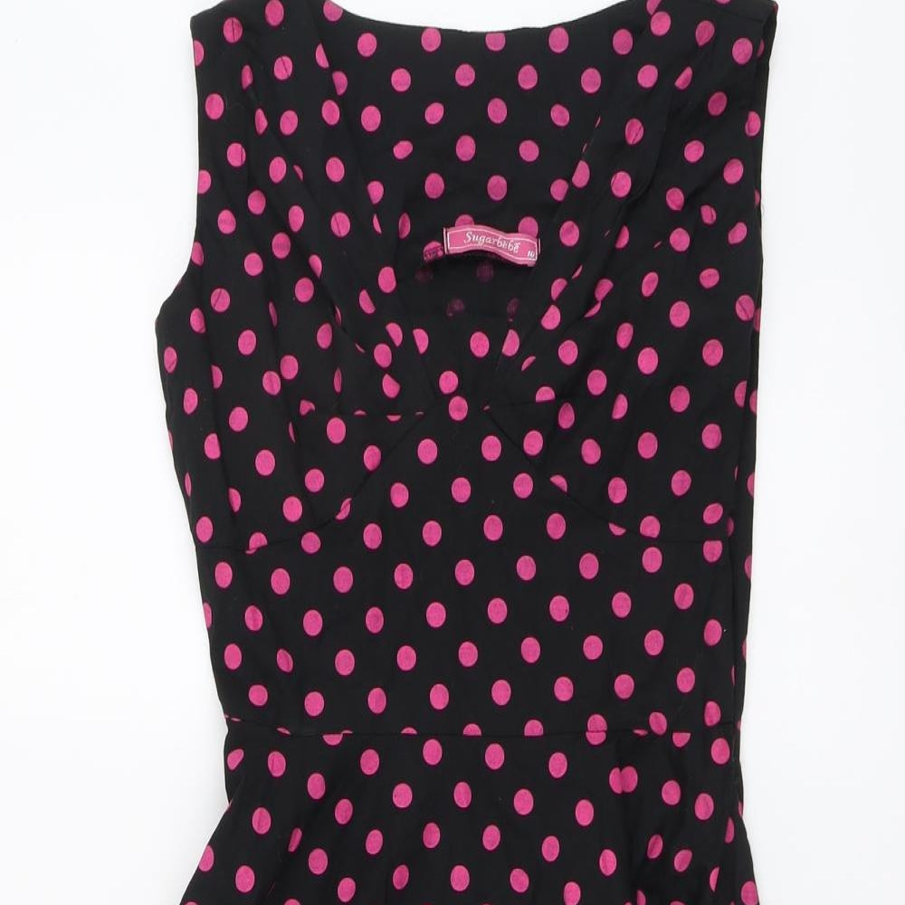 Sugarbebe Womens Black Polka Dot Cotton Fit & Flare Size 10 Cowl Neck Pullover