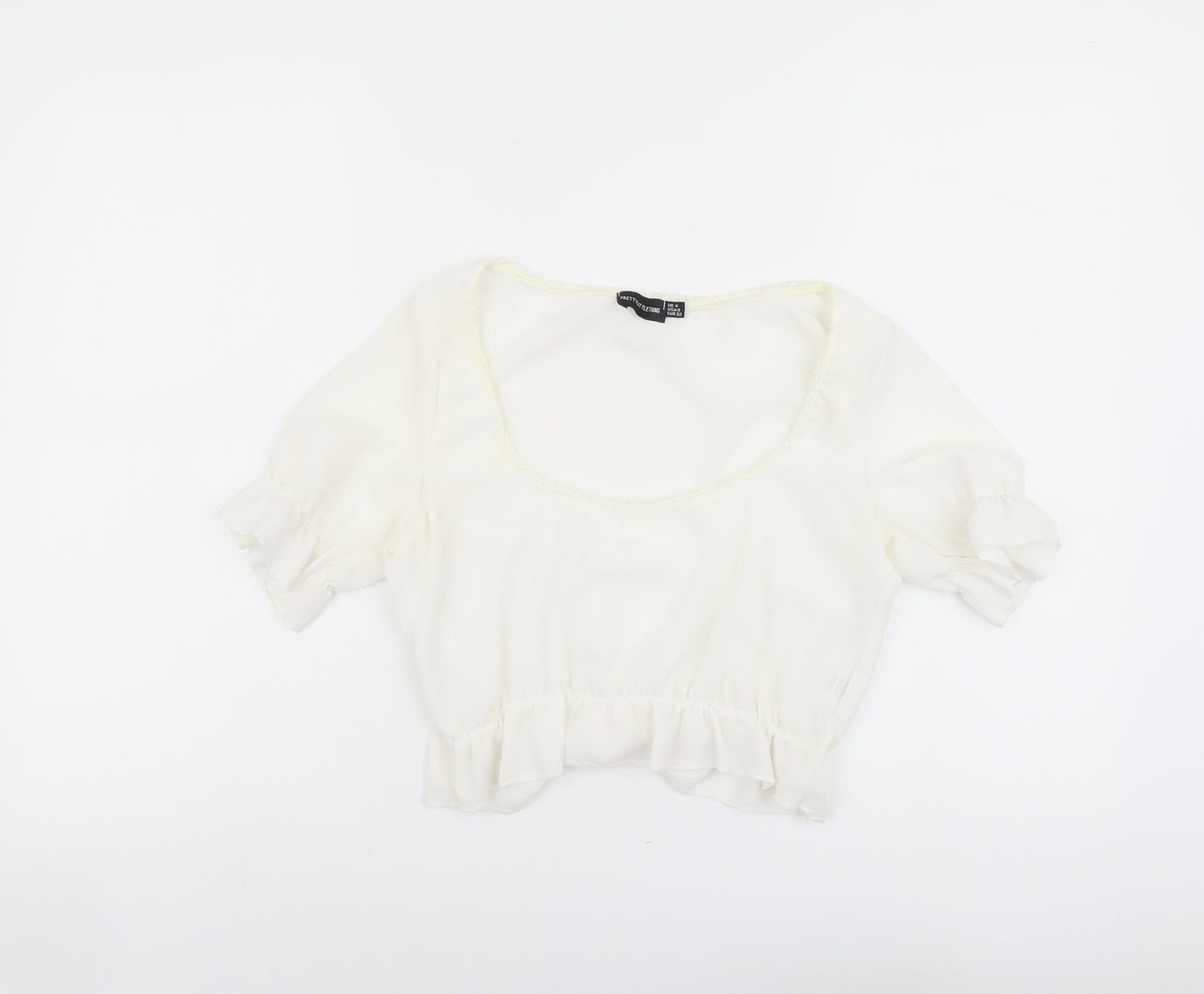 PRETTYLITTLETHING Womens Ivory Polyester Cropped Blouse Size 4 Scoop Neck