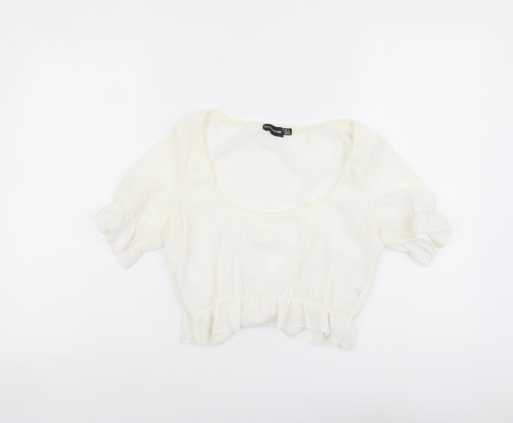 PRETTYLITTLETHING Womens Ivory Polyester Cropped Blouse Size 4 Scoop Neck