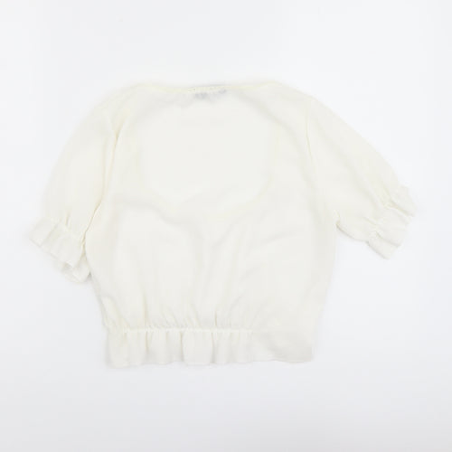 PRETTYLITTLETHING Womens Ivory Polyester Cropped Blouse Size 4 Scoop Neck