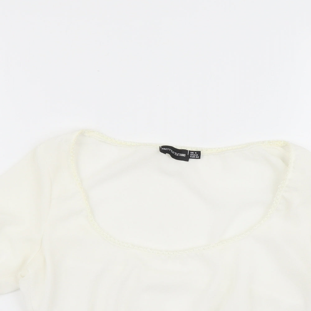 PRETTYLITTLETHING Womens Ivory Polyester Cropped Blouse Size 4 Scoop Neck