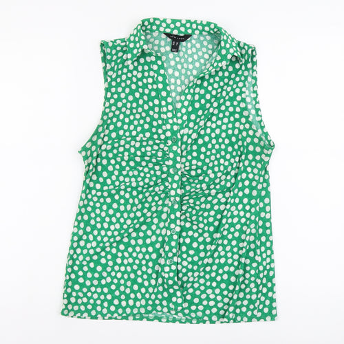 New Look Womens Green Geometric Polyester Basic Button-Up Size 12 Collared