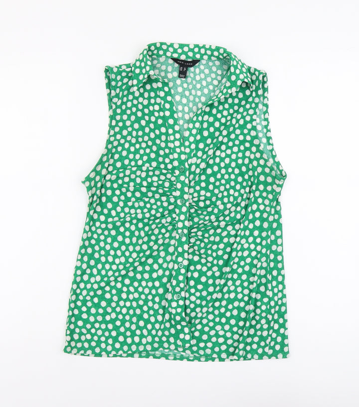 New Look Womens Green Geometric Polyester Basic Button-Up Size 12 Collared