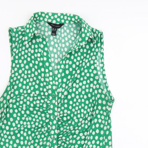 New Look Womens Green Geometric Polyester Basic Button-Up Size 12 Collared