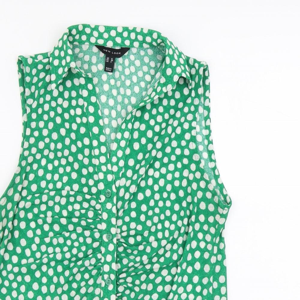 New Look Womens Green Geometric Polyester Basic Button-Up Size 12 Collared