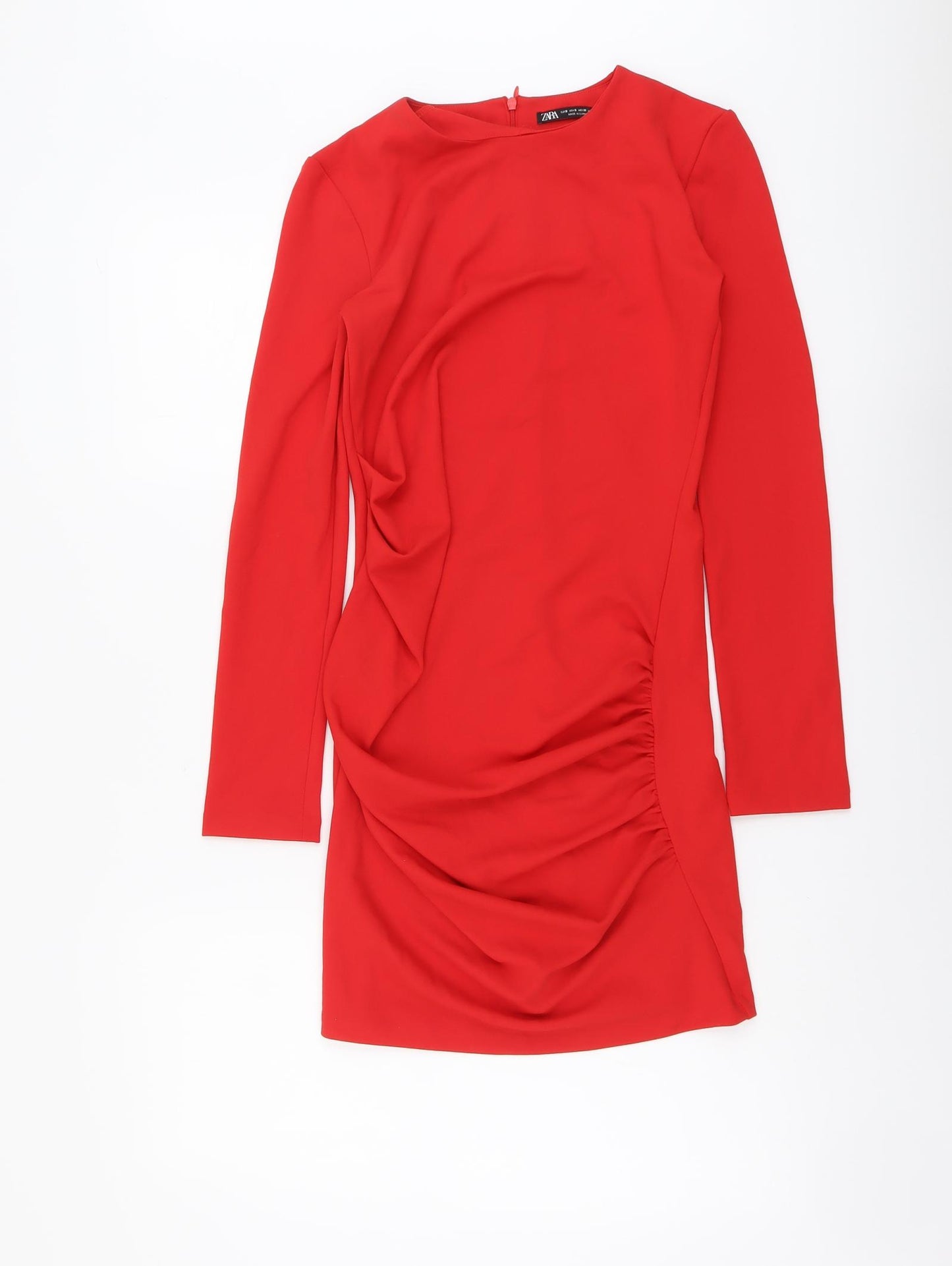 Zara Womens Red Polyester A-Line Size S Round Neck Zip