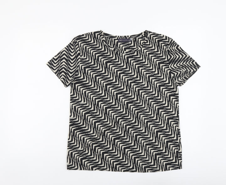 Marks and Spencer Womens Black Geometric Polyester Basic T-Shirt Size 8 Round Neck