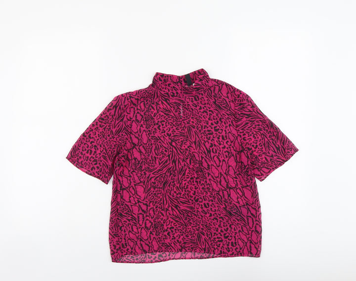 H&M Womens Pink Animal Print Polyester Cropped T-Shirt Size 4 High Neck - Leopard Print, Tiger Print