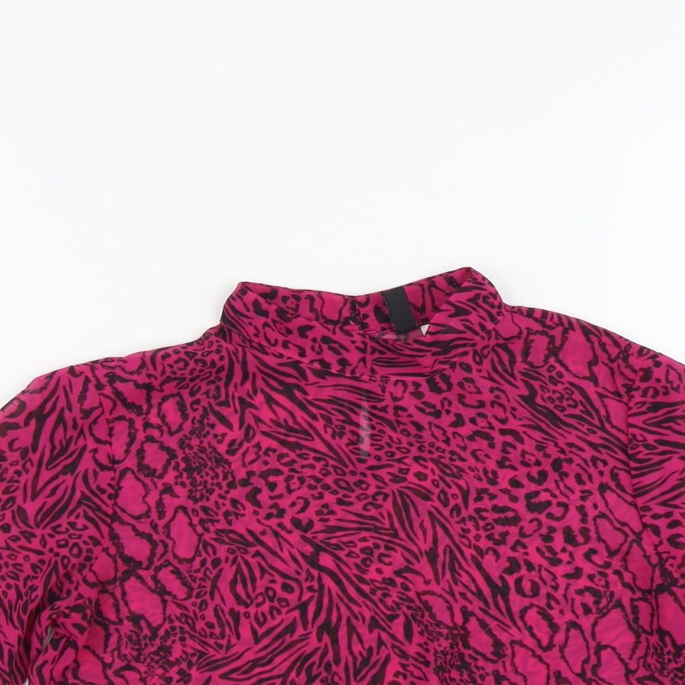 H&M Womens Pink Animal Print Polyester Cropped T-Shirt Size 4 High Neck - Leopard Print, Tiger Print