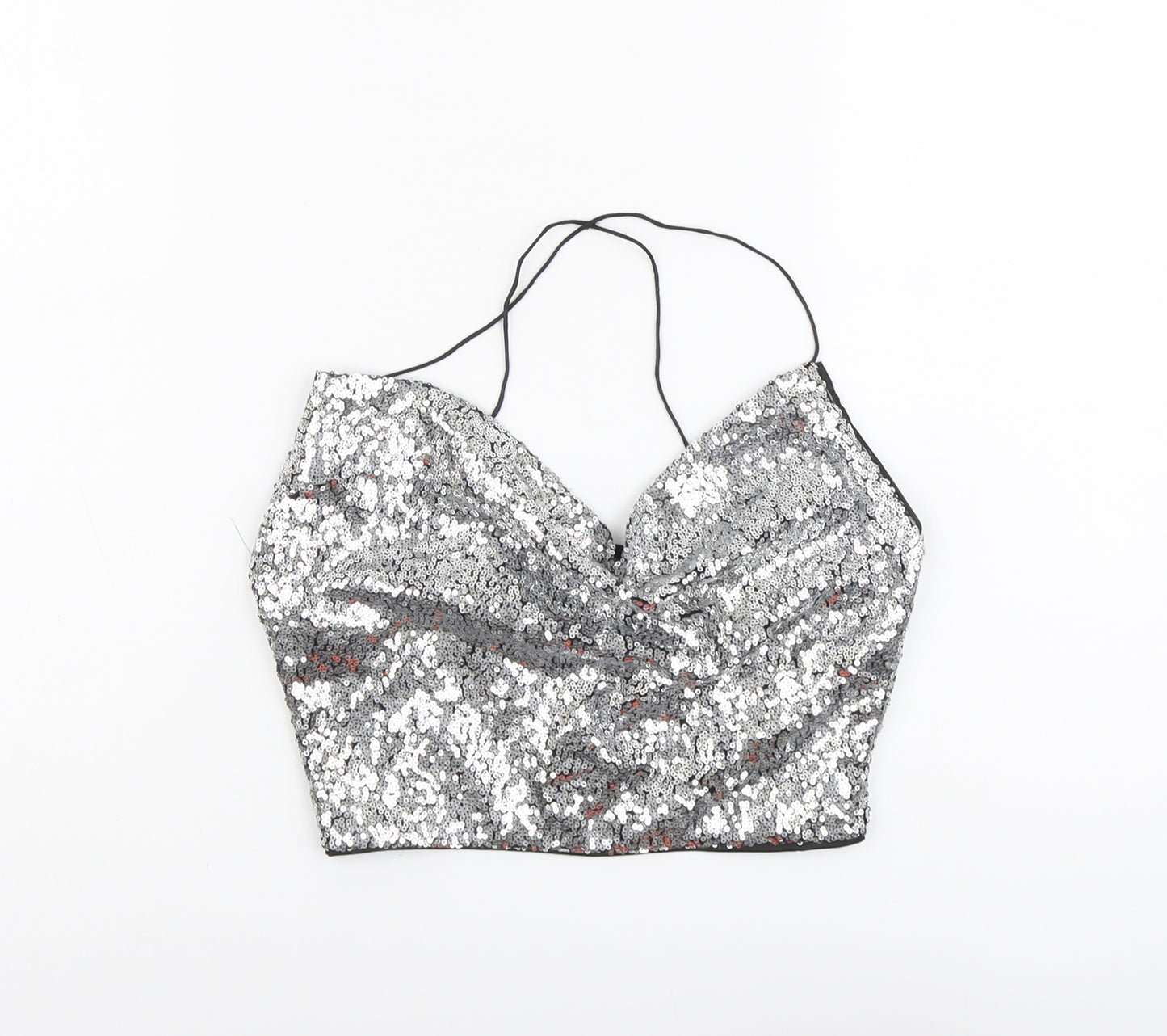 Missguided Womens Silver Polyester Cropped Tank Size 6 V-Neck - Cross Back Spaghetti Strap