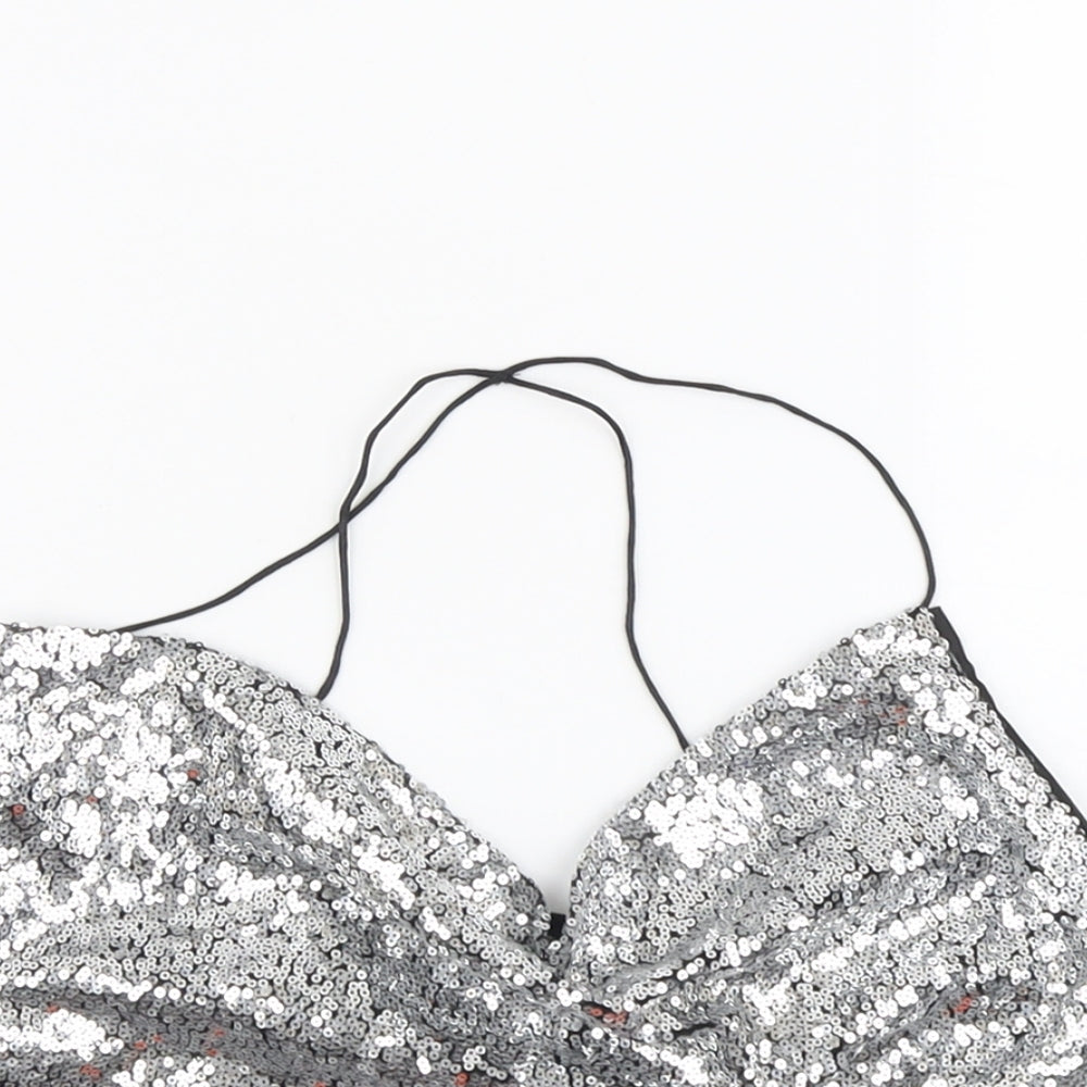 Missguided Womens Silver Polyester Cropped Tank Size 6 V-Neck - Cross Back Spaghetti Strap