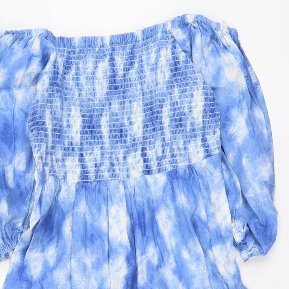 NEXT Womens Blue Geometric Cotton Fit & Flare Size 14 Off the Shoulder Pullover - Drop Hem
