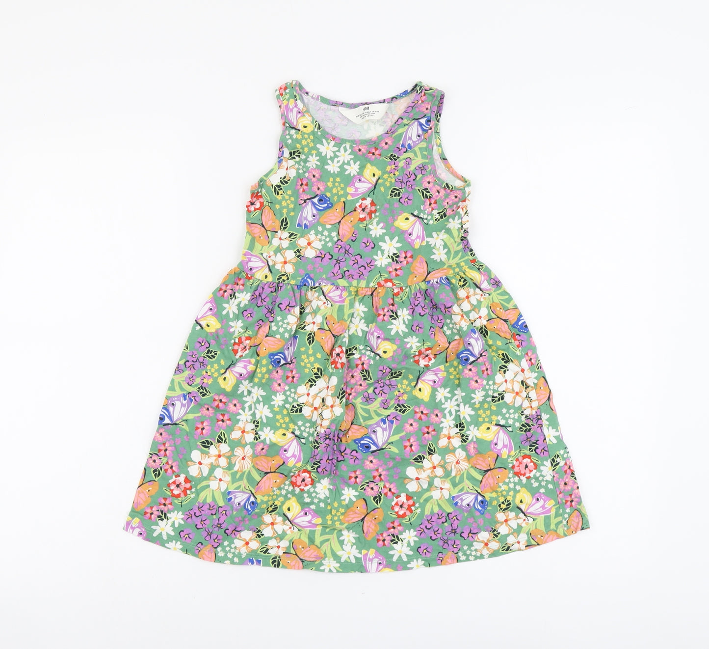 H&M Girls Multicoloured Geometric Cotton Tank Dress Size 6-7 Years Boat Neck Pullover - Butterfly Print