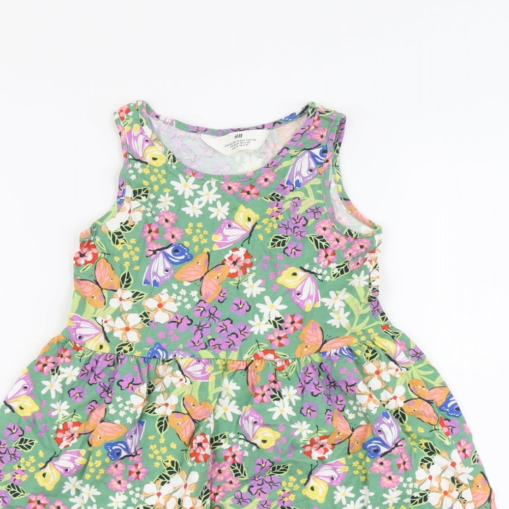 H&M Girls Multicoloured Geometric Cotton Tank Dress Size 6-7 Years Boat Neck Pullover - Butterfly Print
