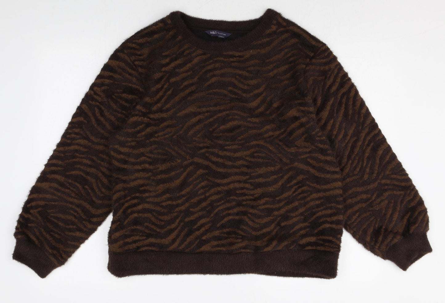 Marks and Spencer Womens Brown Round Neck Animal Print Polyamide Pullover Jumper Size M - Tiger Pattern