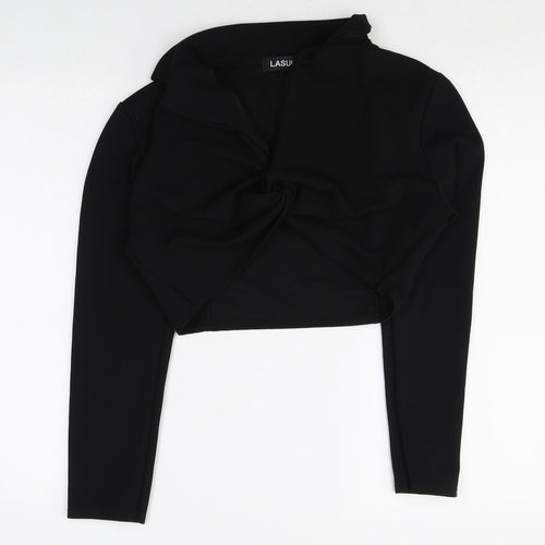 Lasula Womens Black Polyester Cropped Blouse Size 8 Collared - Knot Front