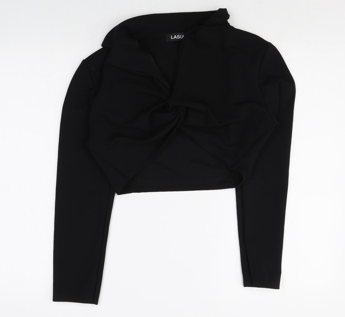 Lasula Womens Black Polyester Cropped Blouse Size 8 Collared - Knot Front
