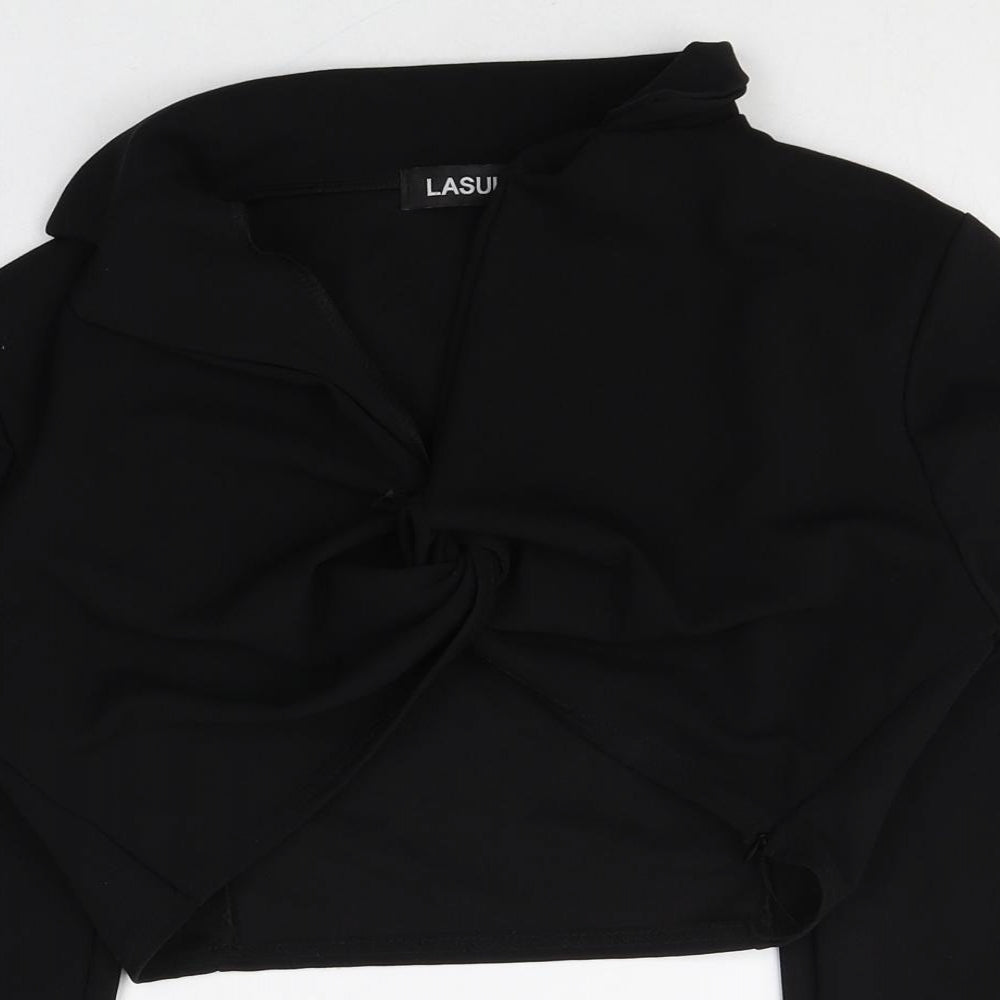 Lasula Womens Black Polyester Cropped Blouse Size 8 Collared - Knot Front