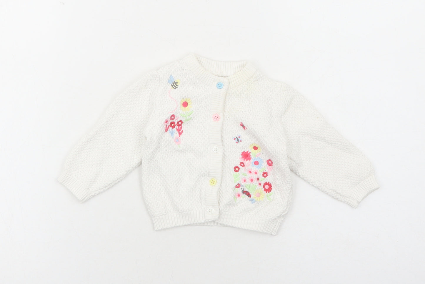 Nutmeg Girls White Cotton Cardigan Jumper Size 3-6 Months Button - Floral Detail