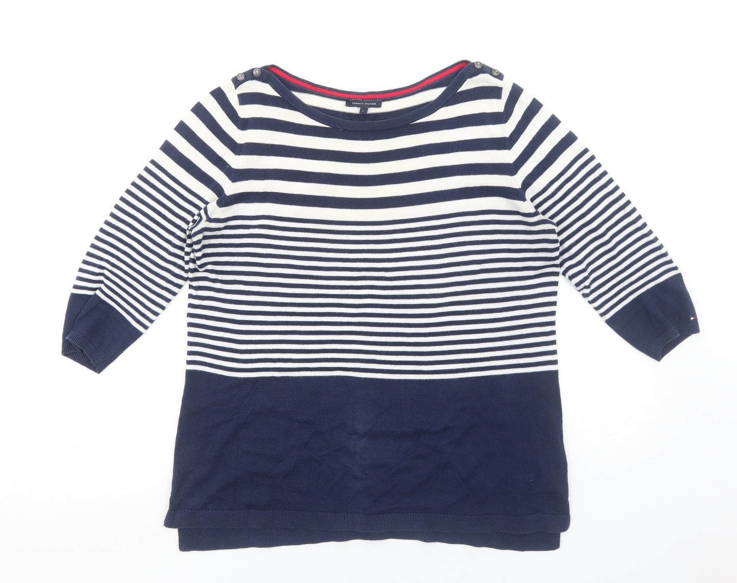 Tommy Hilfiger Womens Blue Striped Cotton Basic Blouse Size L Round Neck