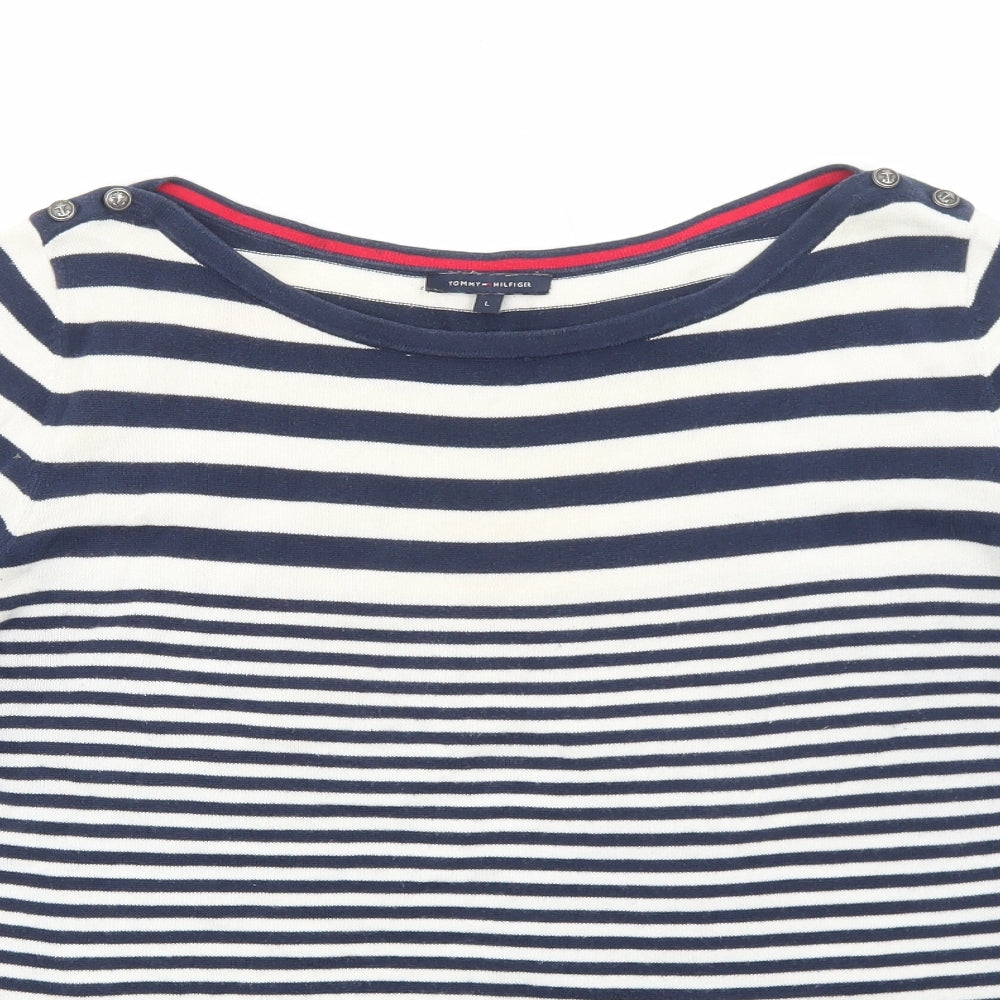Tommy Hilfiger Womens Blue Striped Cotton Basic Blouse Size L Round Neck
