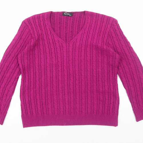 CHIC Womens Pink V-Neck Acrylic Pullover Jumper Size M