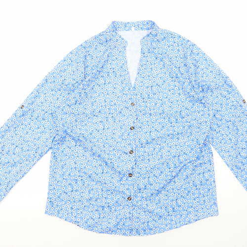 Preworn Womens Blue Floral Polyester Basic Button-Up Size 3XL V-Neck