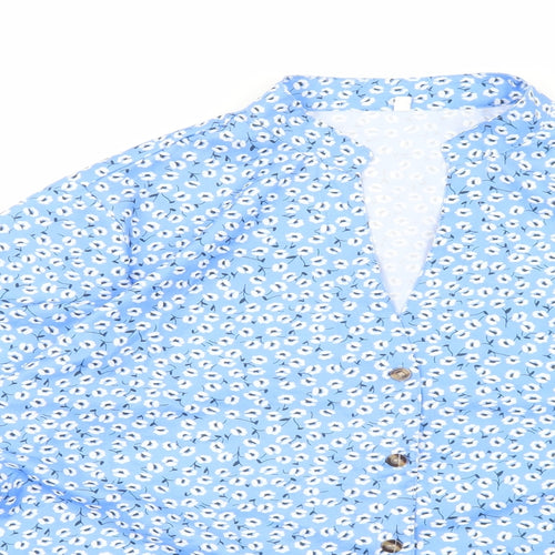 Preworn Womens Blue Floral Polyester Basic Button-Up Size 3XL V-Neck