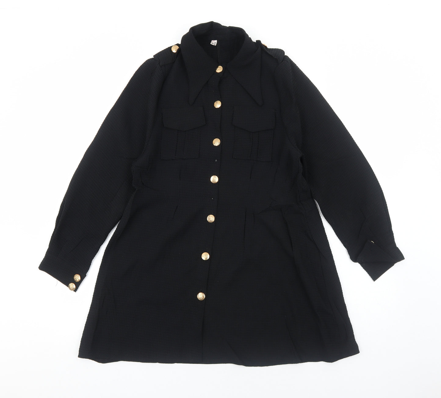 XUANHU Womens Black Polyester Shirt Dress Size L Collared Button