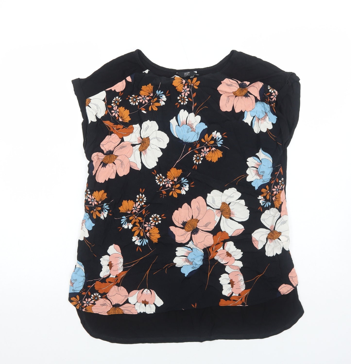 F&F Womens Black Floral Viscose Basic Blouse Size 14 Round Neck