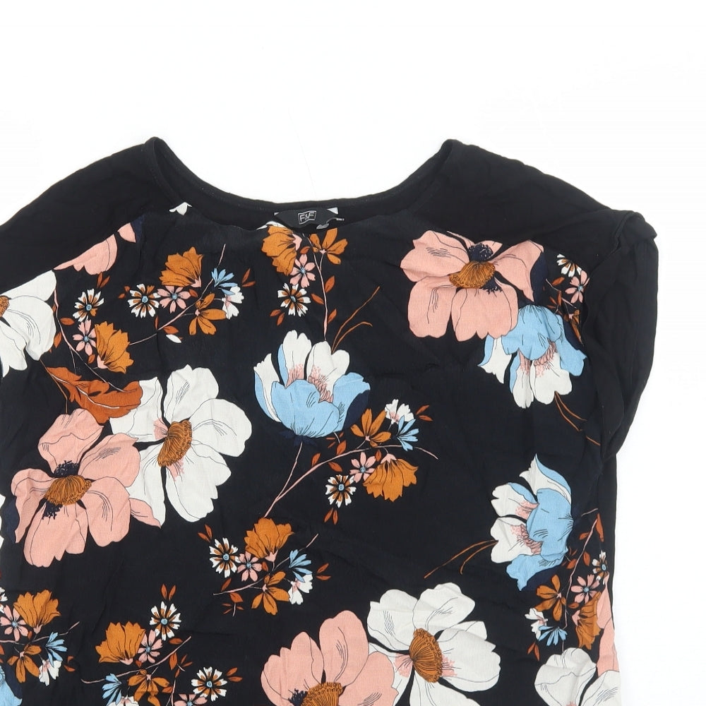 F&F Womens Black Floral Viscose Basic Blouse Size 14 Round Neck