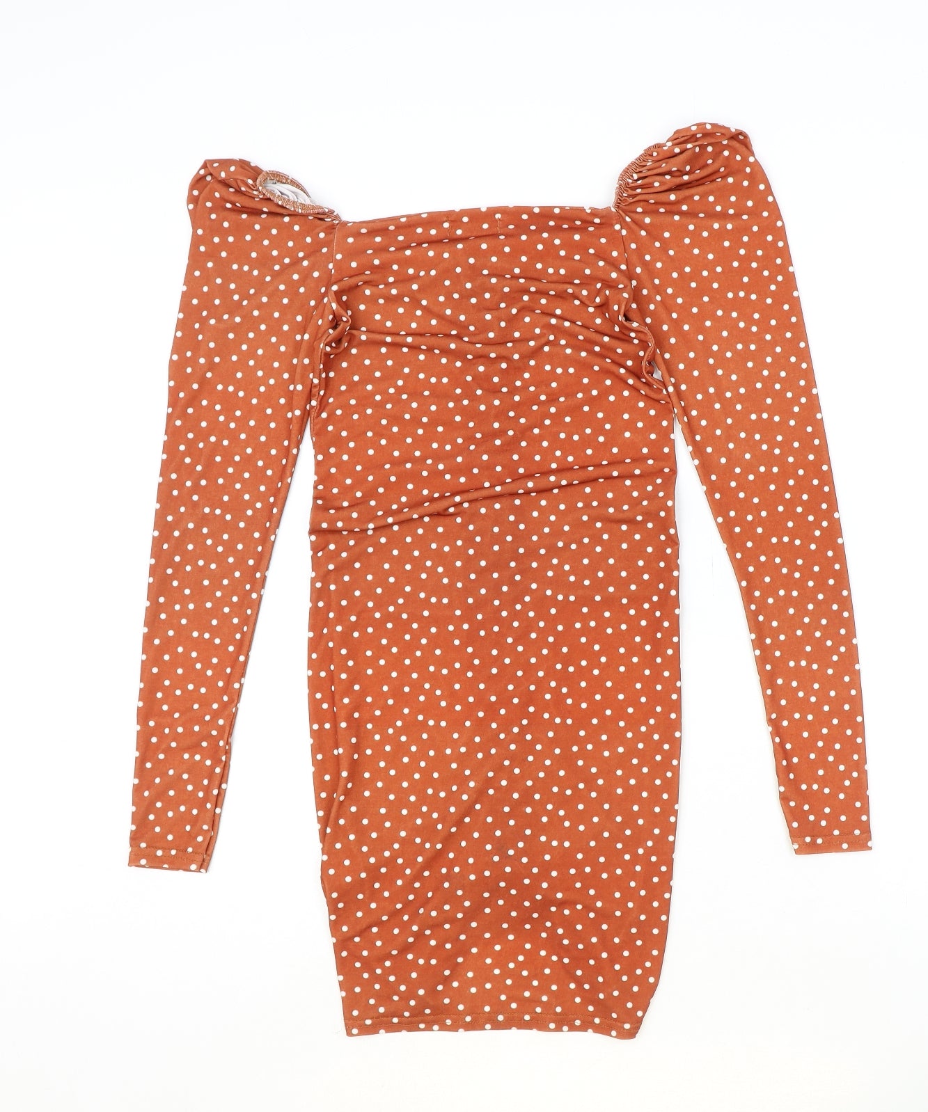 PRETTYLITTLETHING Womens Orange Polka Dot Polyester Bodycon Size 8 V-Neck Pullover