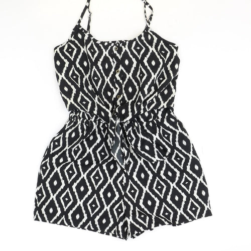 PEP&CO Womens Black Geometric Polyester Playsuit One-Piece Size 8 Button