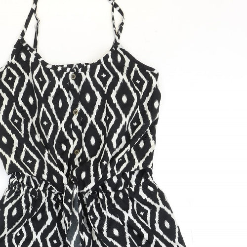 PEP&CO Womens Black Geometric Polyester Playsuit One-Piece Size 8 Button