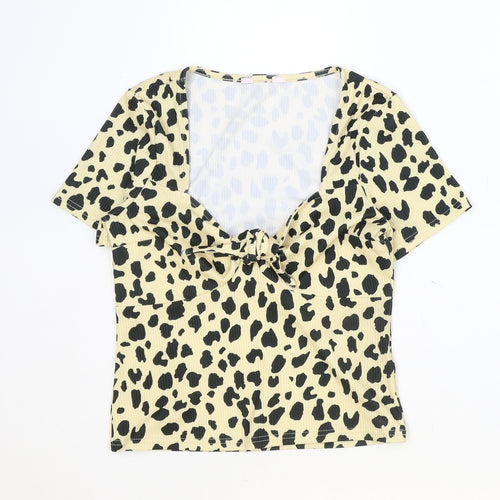 Miss Selfridge Womens Beige Animal Print Polyester Basic T-Shirt Size 8 V-Neck