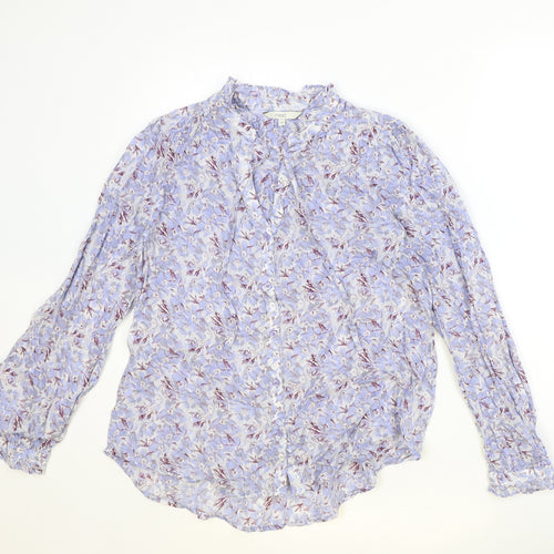 NEXT Womens Blue Floral 100% Cotton Basic Button-Up Size 14 Round Neck