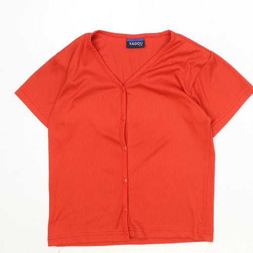 Yadou Womens Orange Polyester Basic Button-Up Size XS V-Neck