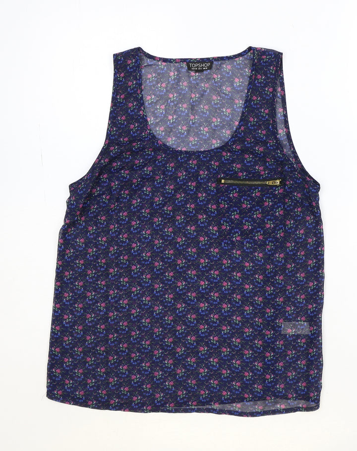 Topshop Womens Blue Geometric Polyester Basic Tank Size 10 Scoop Neck