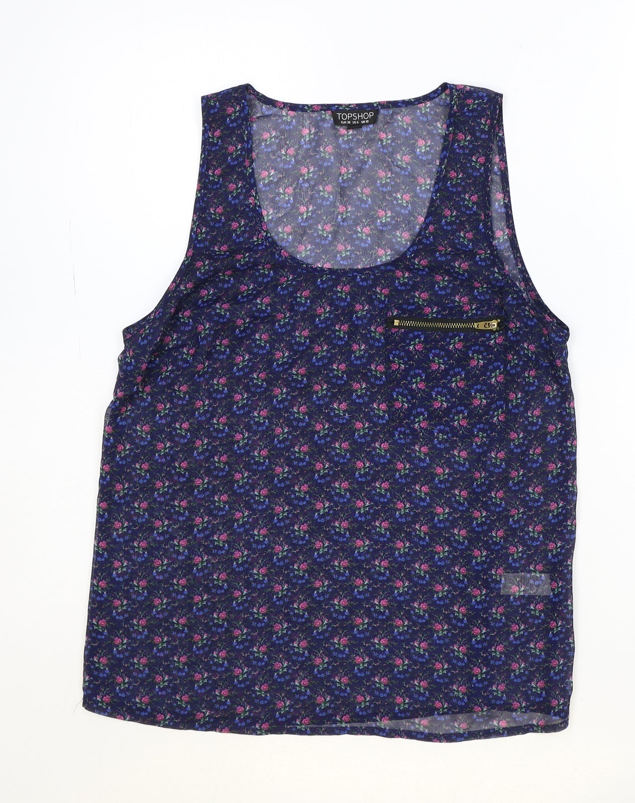 Topshop Womens Blue Geometric Polyester Basic Tank Size 10 Scoop Neck